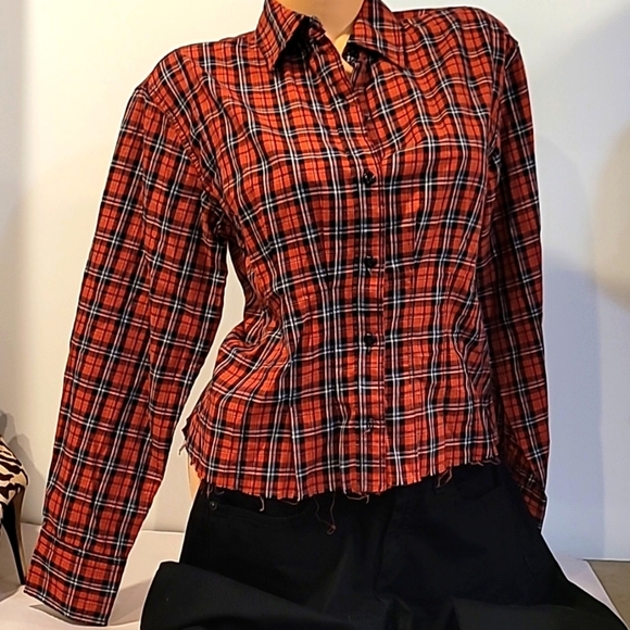 CURRENT / ELLIOTT - TELLA Shirt Red Tartan Plaid Cropped Shirt - Picture 2 of 16
